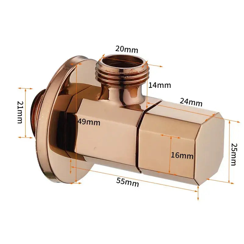 Brass-finished brushed gold corner valve bathroom tap with angular design, threaded connections, and water control markings