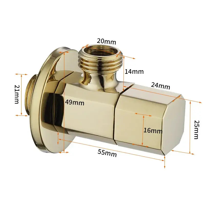 Brass-finished brushed gold corner valve bathroom tap with angular design and precise dimensional markings for water control