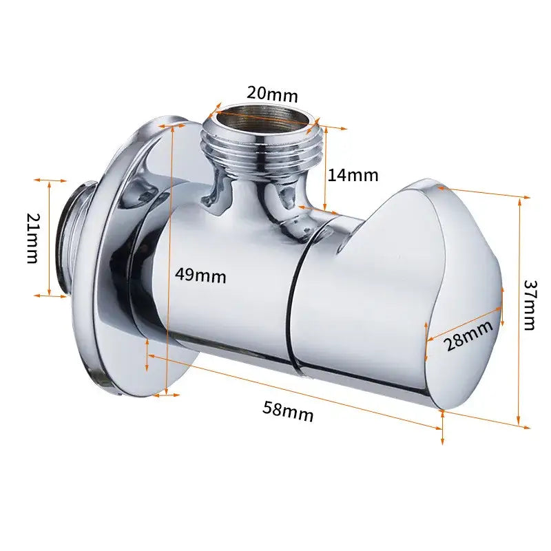 Chrome finished corner valve bathroom faucet with precise dimensional markings for brushed gold water control use