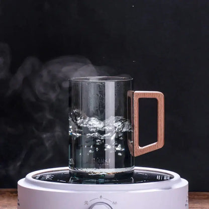 Sleek dark gray double walled glass tea cup with wooden handle and lid on electric hot plate for glass tea use