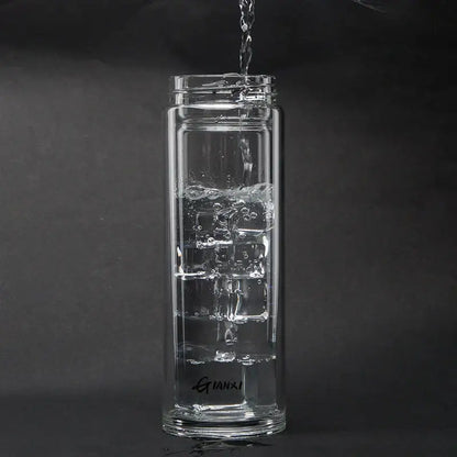 Sleek clear double-walled glass water bottle with filter and minimalist gianxi branding near its base for kitchen use