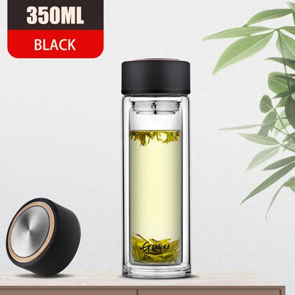 350ml black double-walled glass water bottle with sleek black lid and silver accent for kitchen use