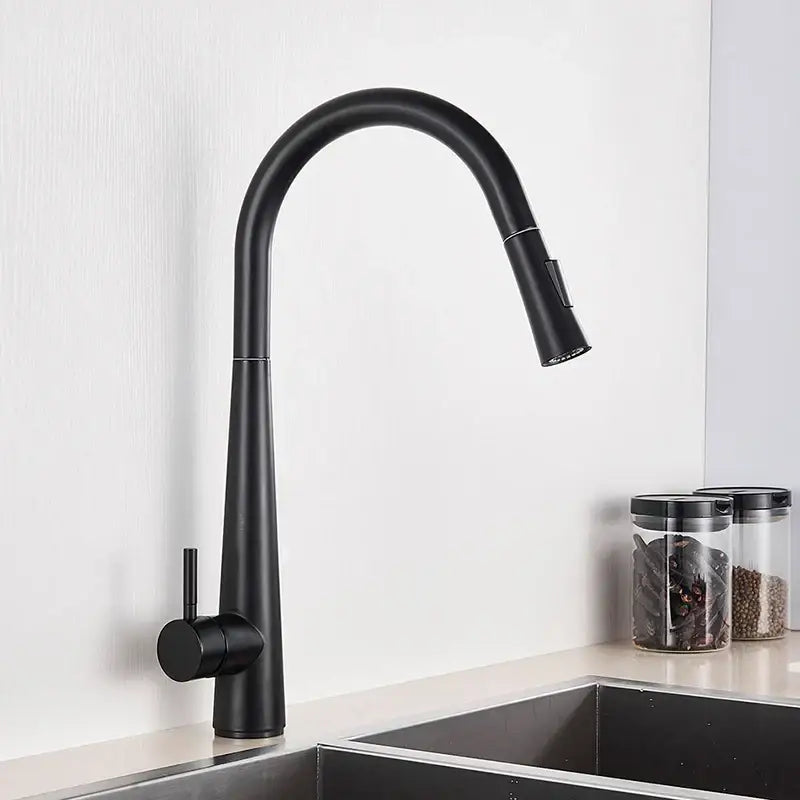 Black matte-finish kitchen faucet with sleek curved spout and pull-down spray head for decorbites gold swivel kitchen use