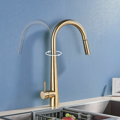 Sleek gold swivel kitchen faucet with pull down sprayer featuring a gold-toned curved spout and modern design decorbites gold swivel
