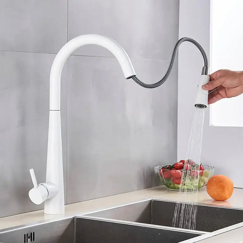 White modern kitchen faucet with flexible gooseneck and chrome pull down spray head for decorbites gold swivel kitchen use