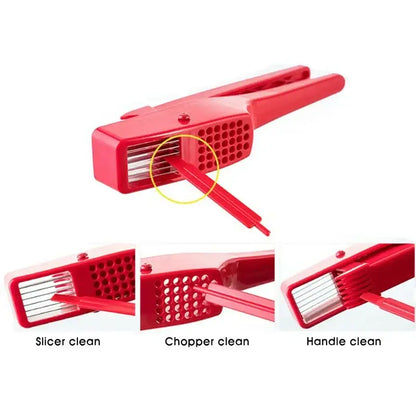 Sleek red manual press garlic crusher with plastic body and metal slicing blades by decorbites garlic crusher