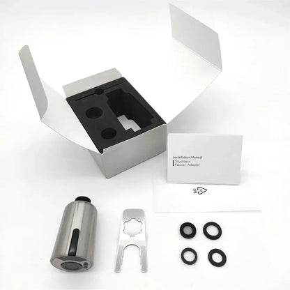 Silver stainless steel touchless kitchen faucet adapter with sleek cylindrical design and black rubber seals for kitchen faucet accessories