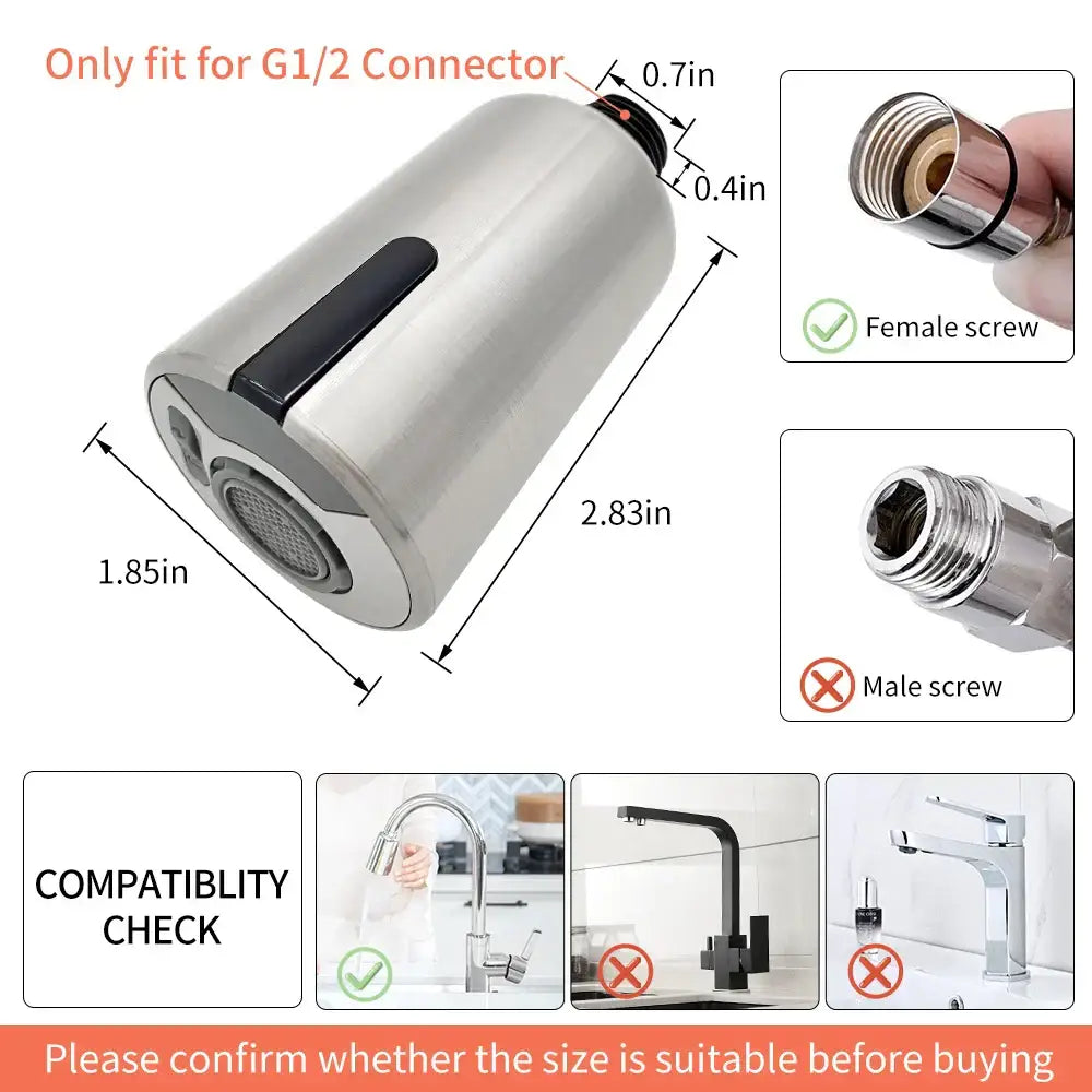 Sleek silver stainless steel kitchen faucet spray nozzle with black accent strip and mesh filter for kitchen faucet accessories
