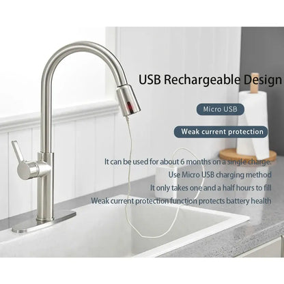 Stainless steel kitchen faucet with sleek curved spout and integrated usb rechargeable feature for kitchen faucet accessories