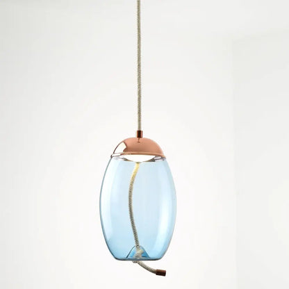 Sleek smoked glass led chandelier pendant light with translucent blue glass and copper metal cap for living room lighting