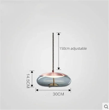 Sleek smoked glass led chandelier with a translucent gray glass shade and rose gold accents for living room lighting