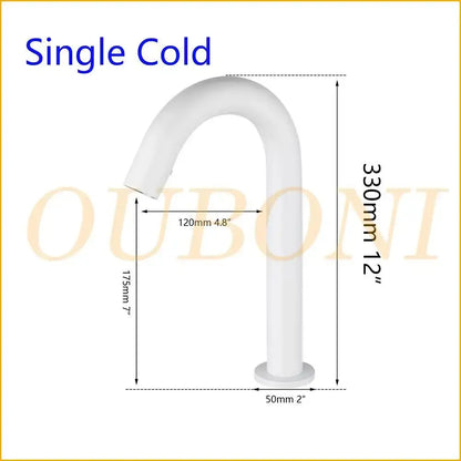 Sleek white automatic sensor bathroom faucet with curved design single cold spout and cylindrical base