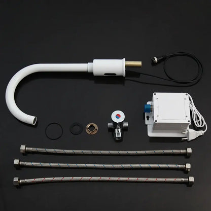 Sleek white automatic sensor bathroom faucet with brass fittings and braided metal hoses in red blue and silver patterns