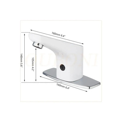 Sleek white automatic sensor bathroom faucet with curved design and chrome finish base in ceramic material