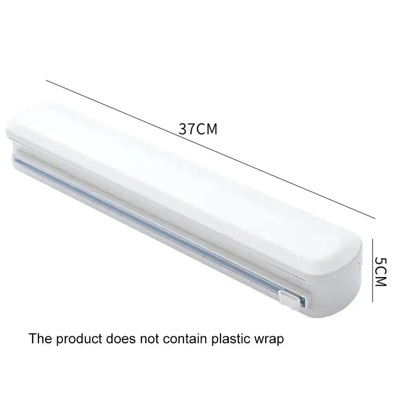 Sleek white plastic cling film dispenser cutter 37cm long and 5cm wide for kitchen food wrap use