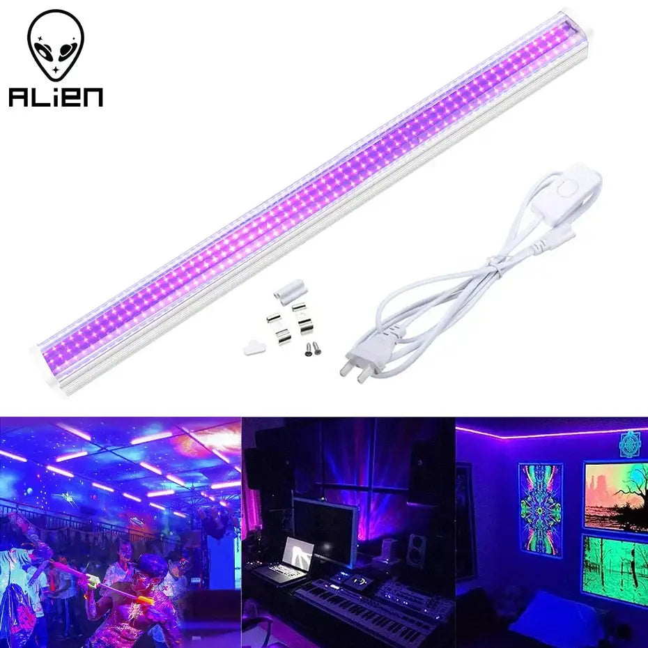 Alien brand led uv glow black light bar with vibrant purple glow and bright leds in sleek white aluminum casing