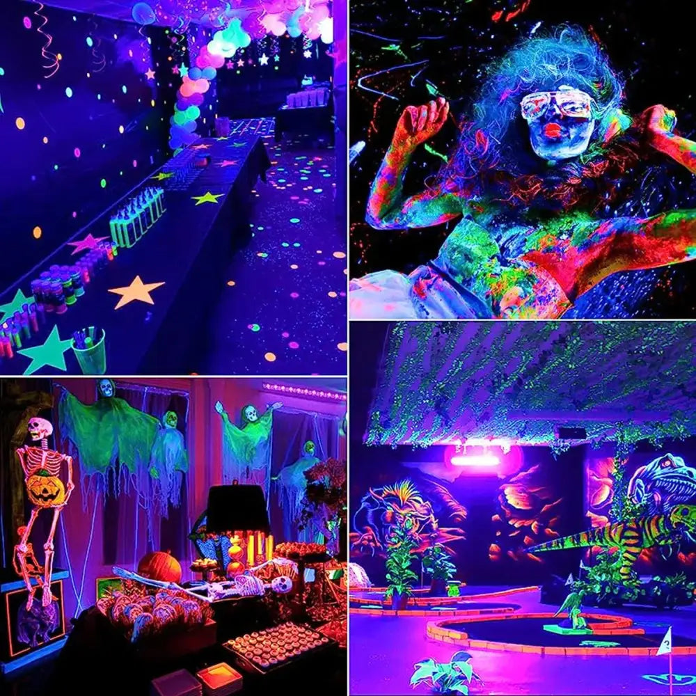 A sleek white led uv glow black light bar illuminating a vibrant halloween party with neon decorations and costumes