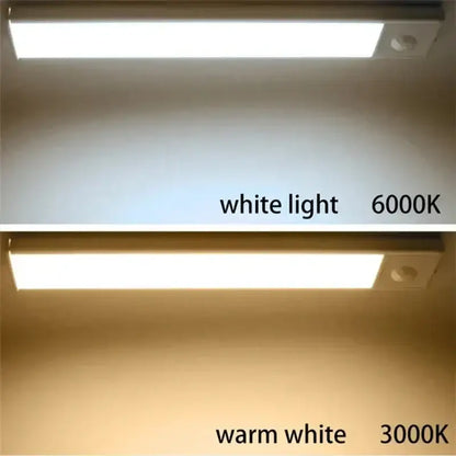 Slim white dimmable pir sensor night light with cool white 6000k and warm white 3000k led strip lights for kitchen cabinet decorbites dimmable pir
