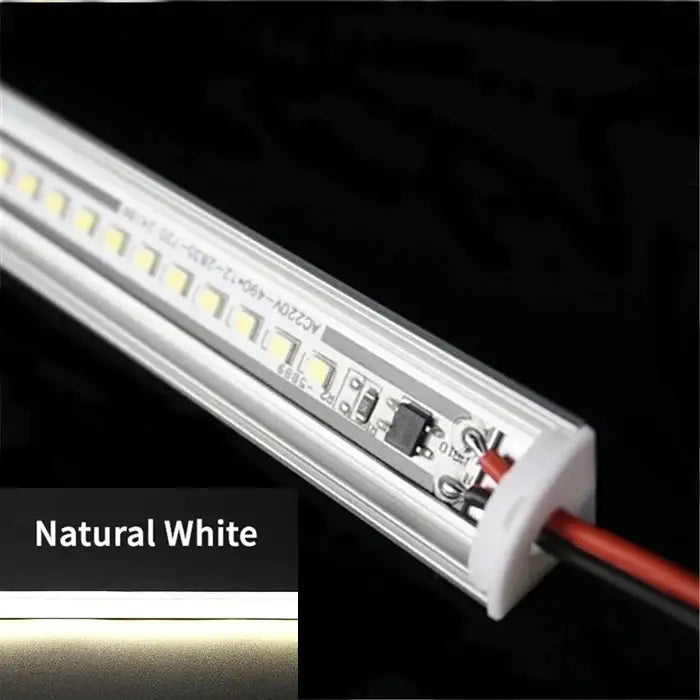 Slim white v type led corner strip lights with silver rectangular design and evenly spaced white leds for kitchen cabinets