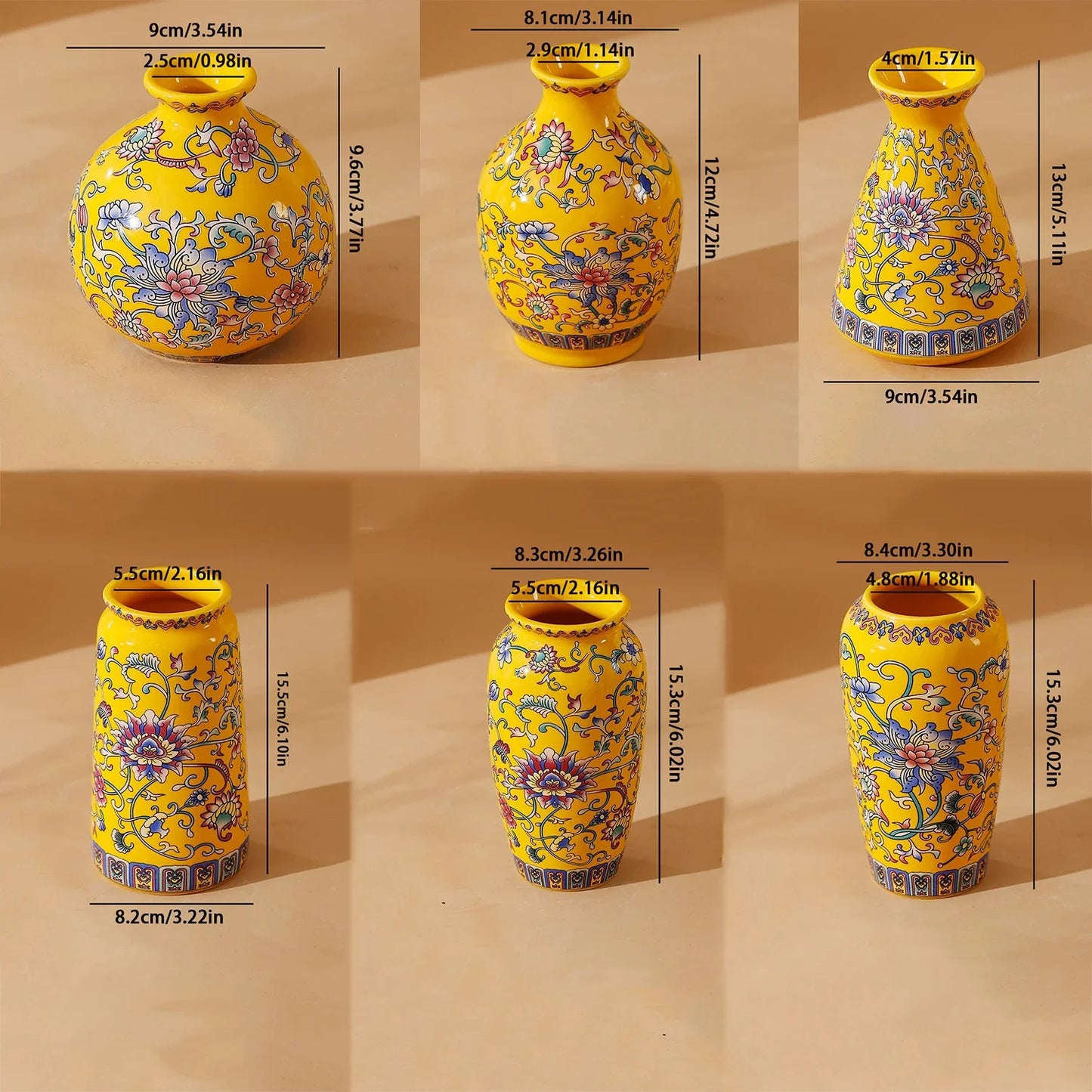 Small vibrant yellow ceramic vase with blue pink and purple floral patterns enamel glazed porcelain for home office decor