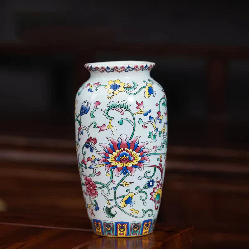 Small ceramic white porcelain vase with vibrant hand-painted floral patterns for office and home decor