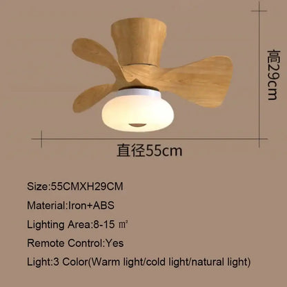 Minimalist wooden smart ceiling fan light with frosted glass, three blades, iron and ABS, app dimming for living room