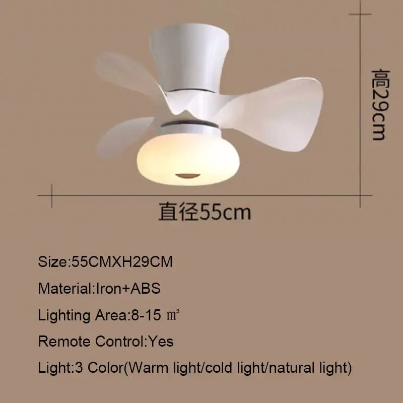 White smart wood ceiling fan light with four iron and ABS plastic blades and app dimming for living room use