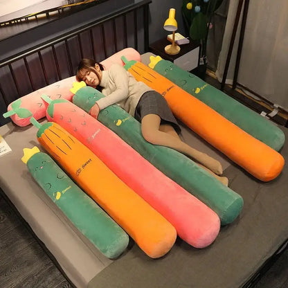 A vibrant orange and green decorbites cylindrical long pillow shaped like a smiling carrot for bedroom decor