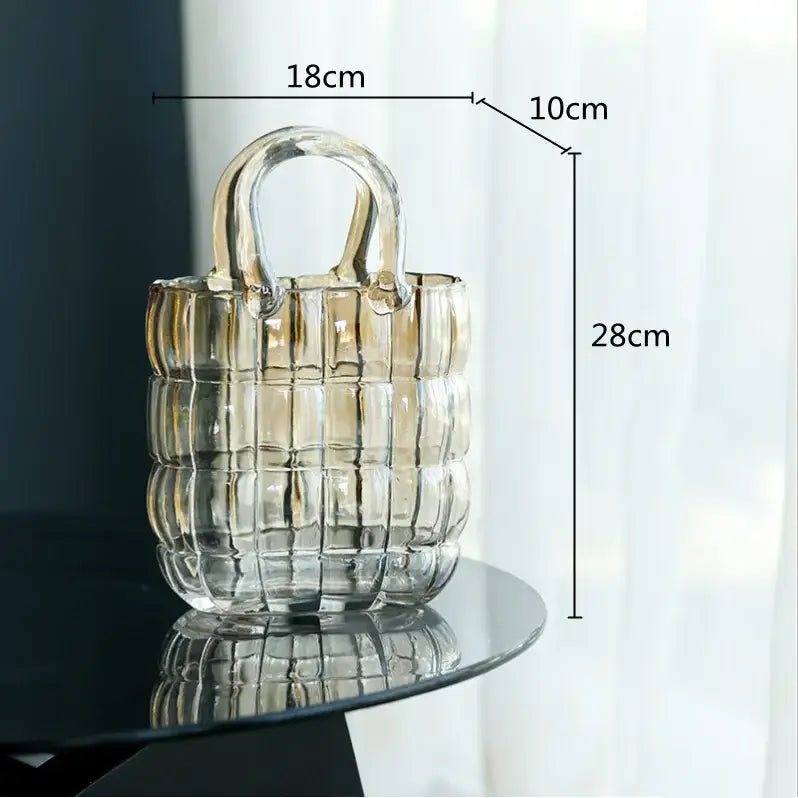 Smoky gray and amber clear glass handbag with ribbed quilted design and transparent handles for decorbites clear glass decor