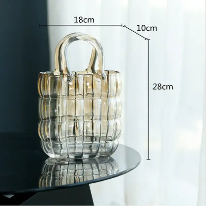 Smoky gray and amber clear glass handbag with ribbed quilted design and transparent handles for decorbites clear glass decor