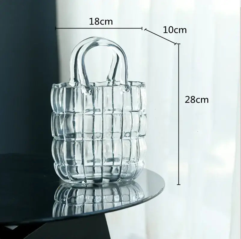 Smoky gray and amber clear glass tote bag with woven grid pattern and curved handles for decorbites clear glass decor