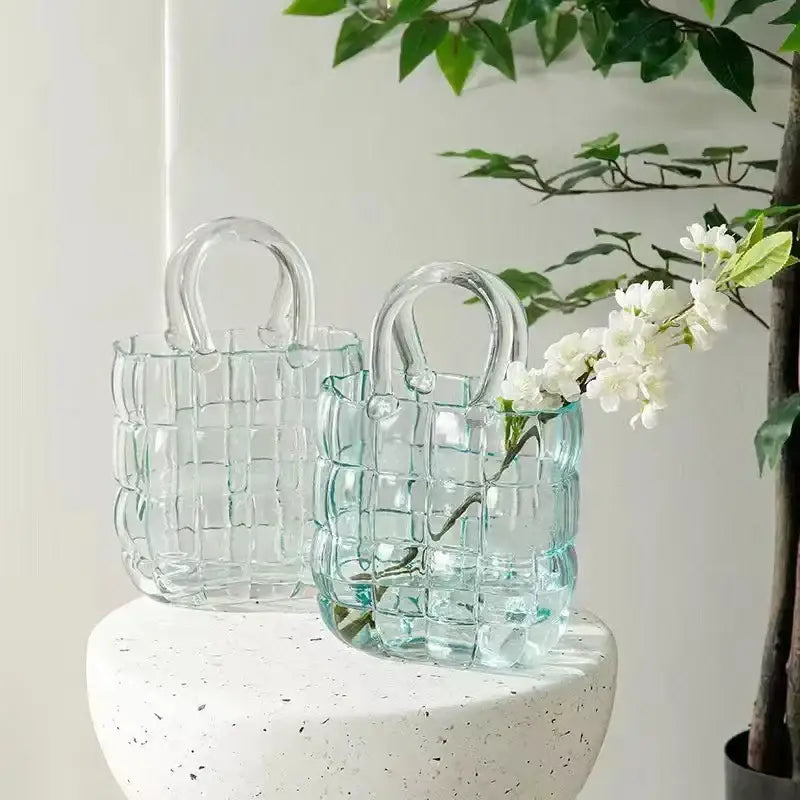 Smoky gray and amber clear glass handbag with woven grid pattern and curved handles for decorbites clear glass decor