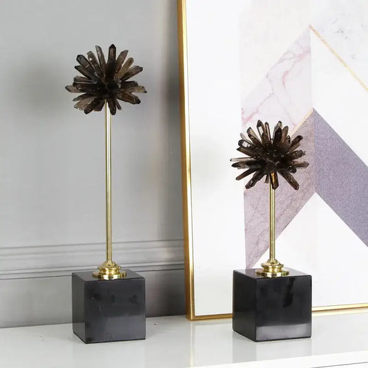 Two dark smoky quartz crystal handicraft artificial flower sculptures on brass stems with black marble bases for home decor