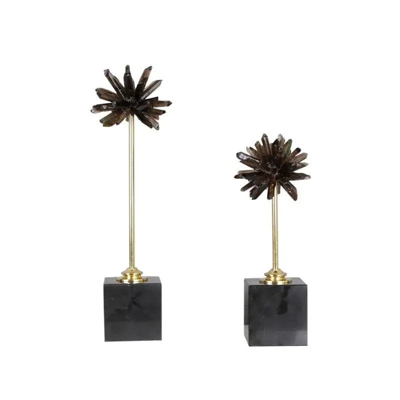 Two dark brown smoky quartz crystal handicraft artificial flowers on gold rods with black marble bases for home decor