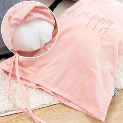 Pink fabric travel pillow case with be happy embroidery and drawstrings for soft cotton balloon wall hanging decor