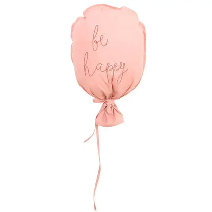 A soft pink cotton balloon wall hanging cushion with be happy embroidery for kids room decor