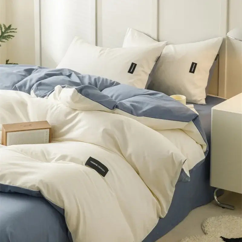 Soft cream and blue two-tone quilted cotton bedding set with black labels from decorbites cotton bedding collection