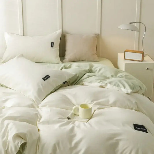 Soft cream cotton bedding set with subtle sheen and matching pillowcases featuring decorbites cotton bedding tags