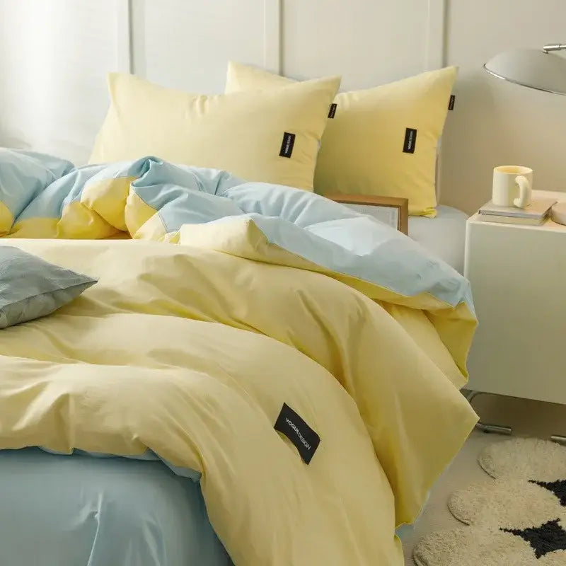 Soft cream cotton bedding set with yellow and light blue plush duvet for comfortable decorbites cotton bedding use