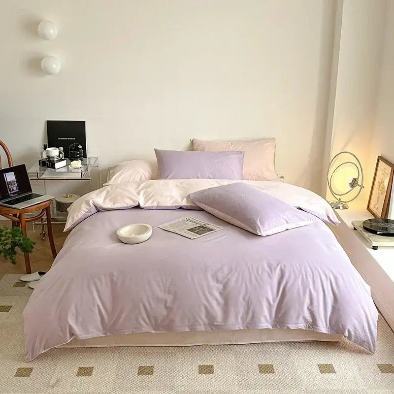 Lavender-colored cotton queen bedding set with satin finish duvet cover and matching pillows for decorbites cotton queen decor