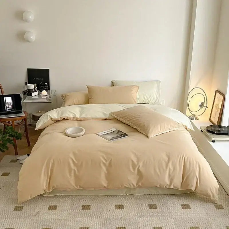 Beige cotton queen bedding set with soft smooth texture and satin finish from decorbites cotton queen collection