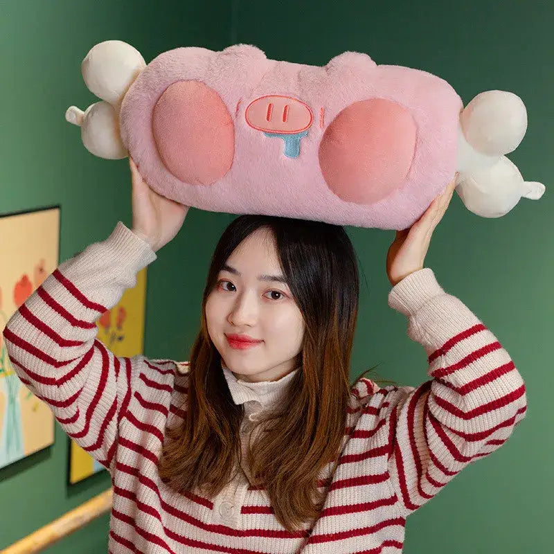 Soft pink cartoon pork plush heating pad pillow with fluffy texture and embroidered face for bedroom decorbites cartoon pork decor