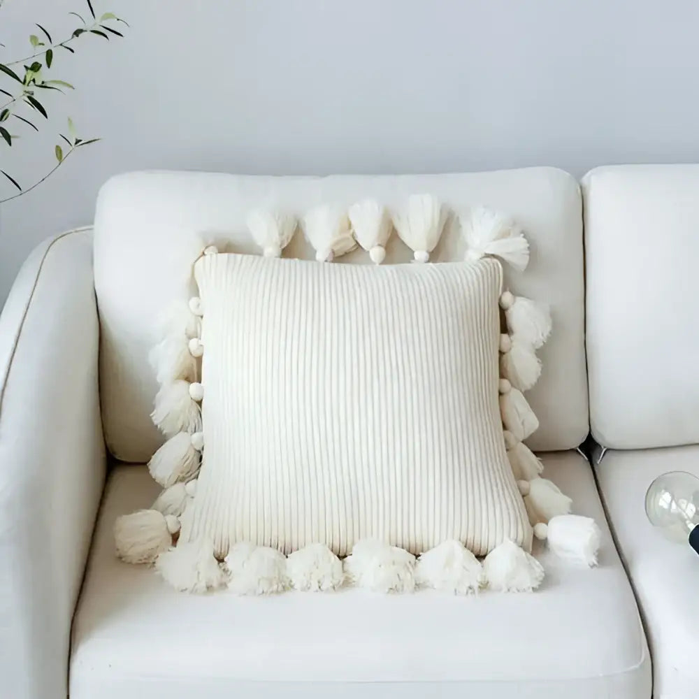 Cream-colored knit cushion cover with fluffy tassels soft tassel knit cushion for living room decorbites knit cushion