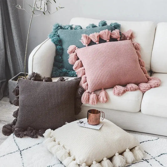 Soft tassel knit cushion cover in dusty rose teal and charcoal gray with fluffy tassels for living room decorbites knit cushion