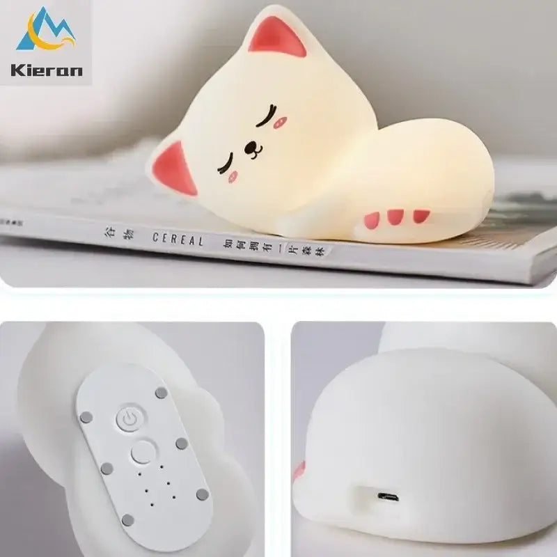 Soft white kieron brand cat led night light with pink silicone ears and paws for bedroom decorbites cat led decor