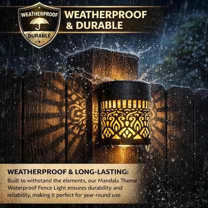 Black mandala-themed waterproof solar garden light with intricate golden cut-out patterns for outdoor decorative lighting