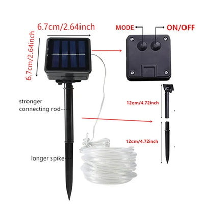 Black solar-powered garden light with rectangular panel, transparent flexible led string lights, and adjustable stakes for outdoor use