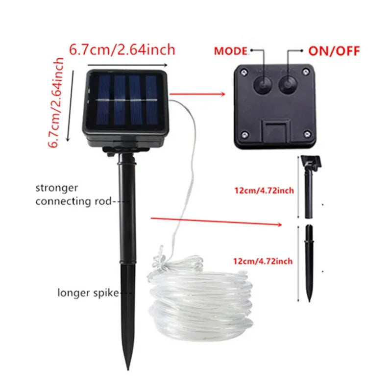 Black solar-powered garden light with rectangular panel, transparent flexible led string lights, and adjustable stakes for outdoor use