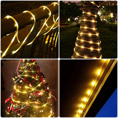 Warm white solar led rope lights flexible waterproof for outdoor garden railings trees and walls with 8 light modes
