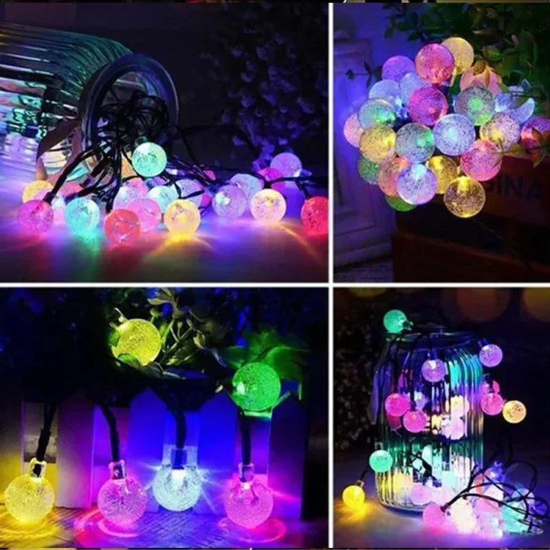 Colorful translucent spherical led solar string lights with crackled glass effect for outdoor garden party decor